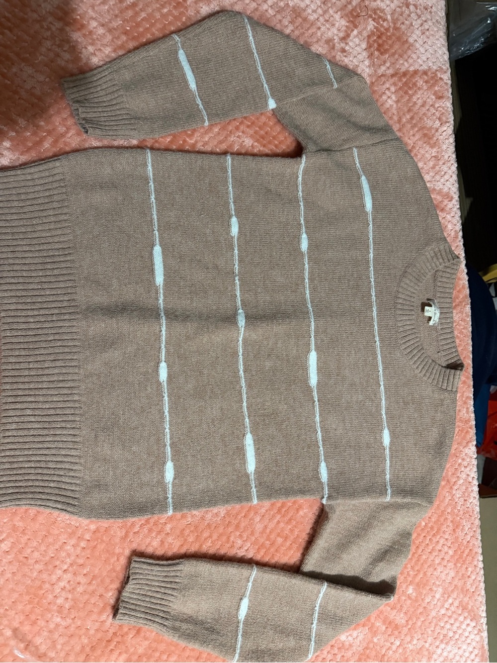 Hem & Thread Taupe Crewneck Sweater with Light Blue Stripes